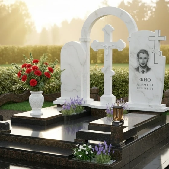 Элитный Гранитный памятник с православным крестом в Перми, мрамор Тассос