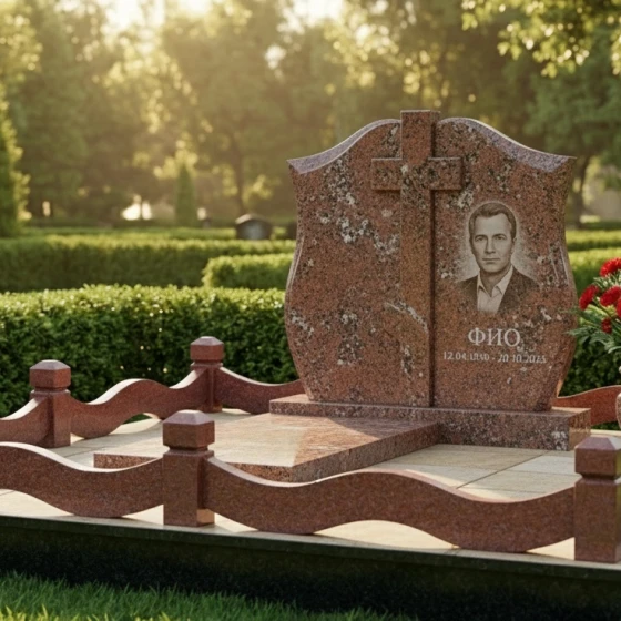 Вертикальный гранитный памятник с крестом для мемориального комплекса в Тюмени, гранит Дымовский