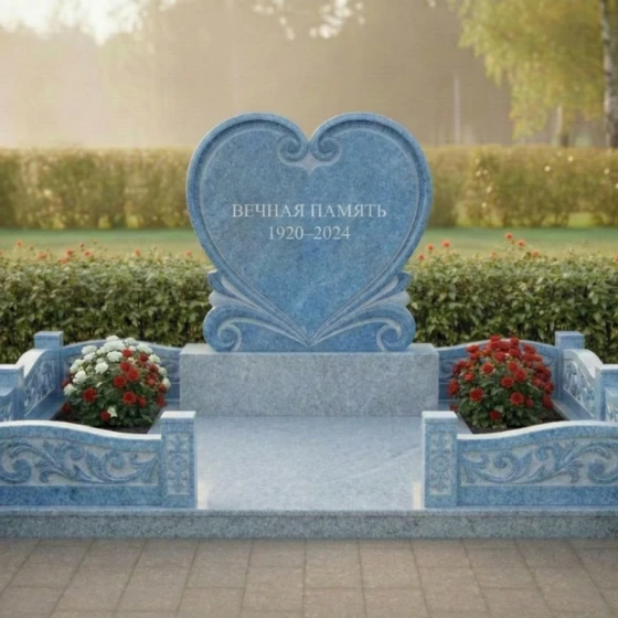 Мемориальный комплекс с резным сердцем из гранита, гранит Блю Перл, в Москве