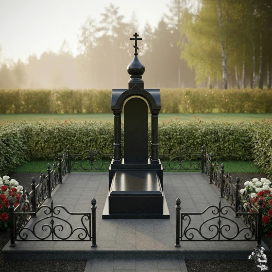 Вертикальный Гранитный православный памятник с комплексом в Барнауле, гранит Габбро-диабаз