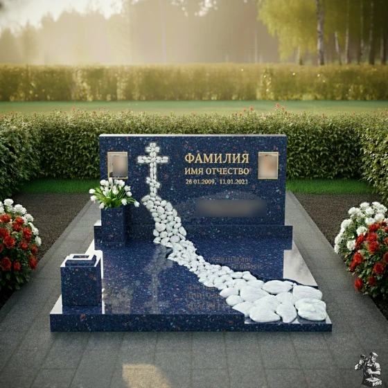 Горизонтальный памятник на двоих в Перми, гранит Блю Перл