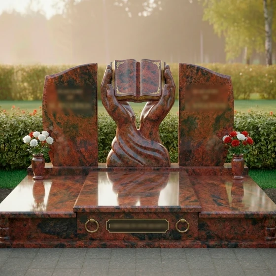 Гранитный памятник «Вечная книга» с руками, гранит Лезниковский