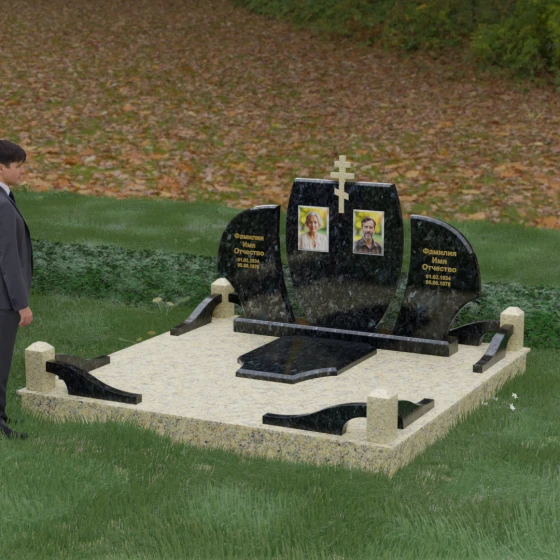 Горизонтальный православный памятник на двоих в Перми, гранит Блю Перл, вид 4
