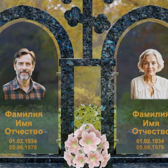 Православный памятник с крестом на двоих в Перми, гранит Блю Перл