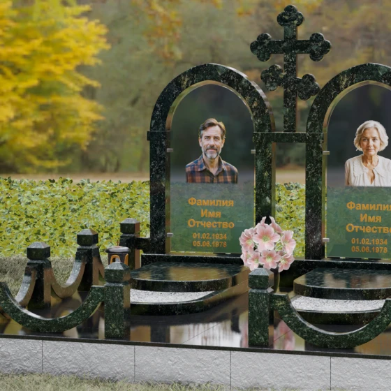 Православный памятник с крестом на двоих в Перми, гранит Балтик грин, вид 4