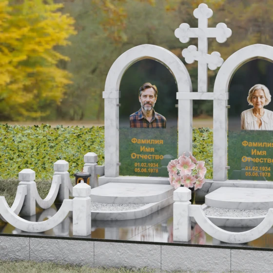 Православный памятник с крестом на двоих в Перми, мрамор Тассос, вид 4
