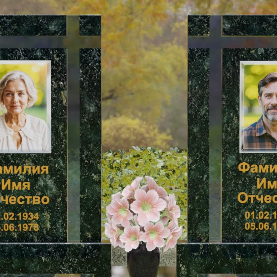 Вертикальный памятник гранит — стекло с крестом в Набережных Челнах, гранит Балтик грин