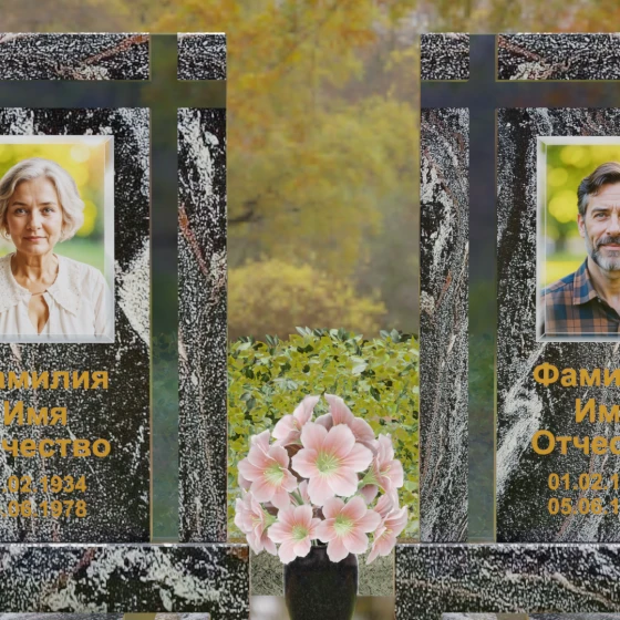 Вертикальный памятник гранит — стекло с крестом в Набережных Челнах, гранит амфиболит