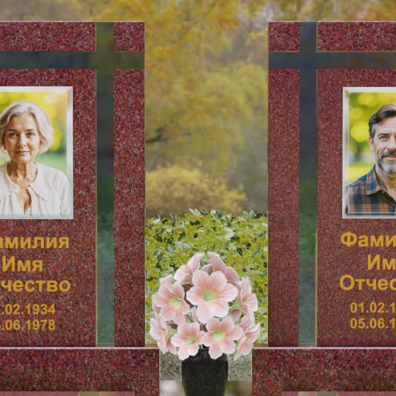 Вертикальный памятник гранит — стекло с крестом в Набережных Челнах, гранит Лезниковский