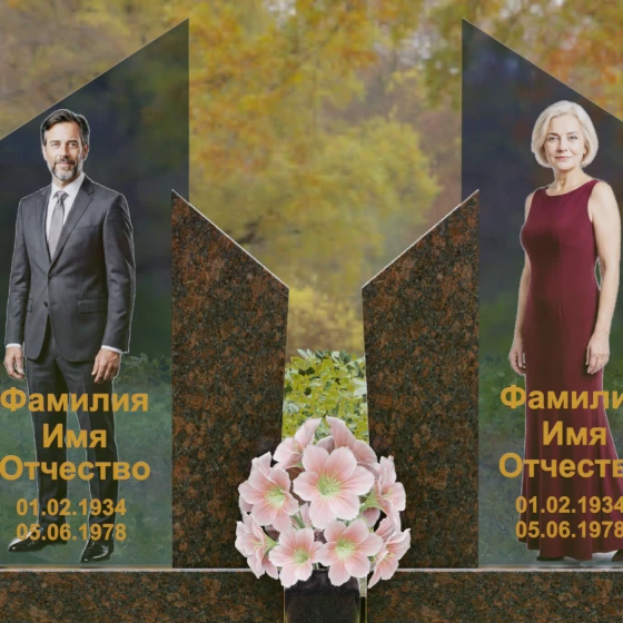 Комбинированный горизонтальный памятник на двоих в Салехарде, гранит Дымовский