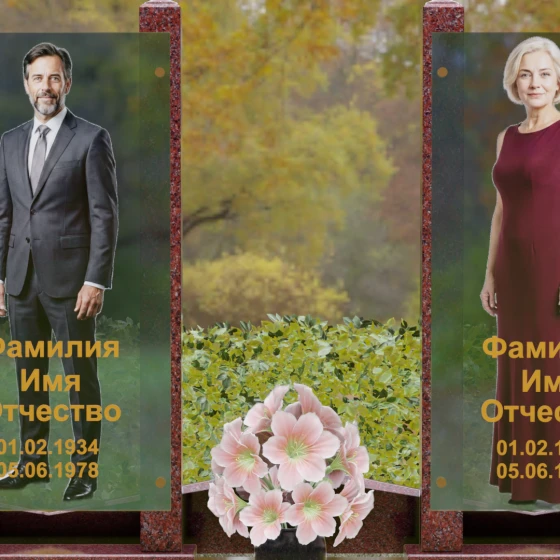 Вертикальный памятник из гранита со стеклянными панелями, гранит Лезниковский