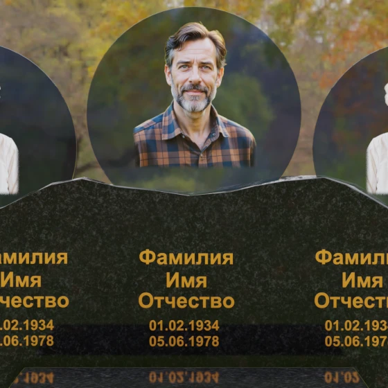Горизонтальный гранитный памятник на троих в Перми, гранит Габбро-диабаз