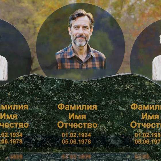 Горизонтальный гранитный памятник на троих в Перми, гранит Балтик грин