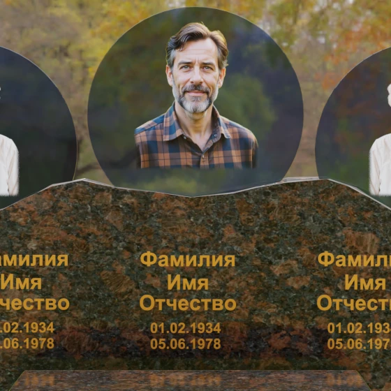 Горизонтальный гранитный памятник на троих в Перми, гранит Дымовский