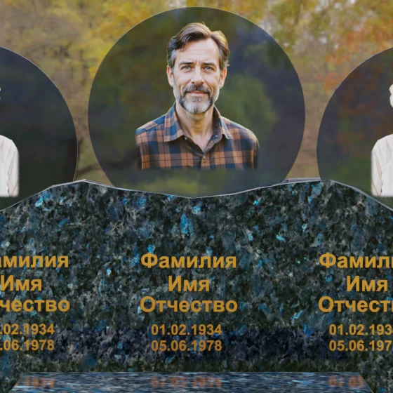 Горизонтальный гранитный памятник на троих в Перми, гранит Блю Перл