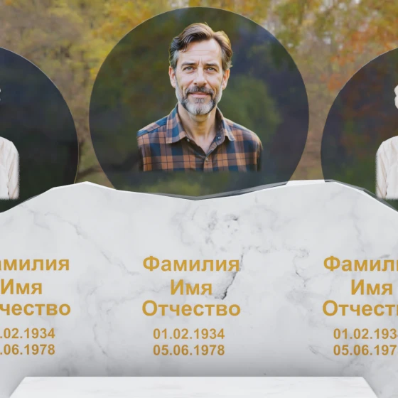 Горизонтальный гранитный памятник на троих в Перми, мрамор Тассос
