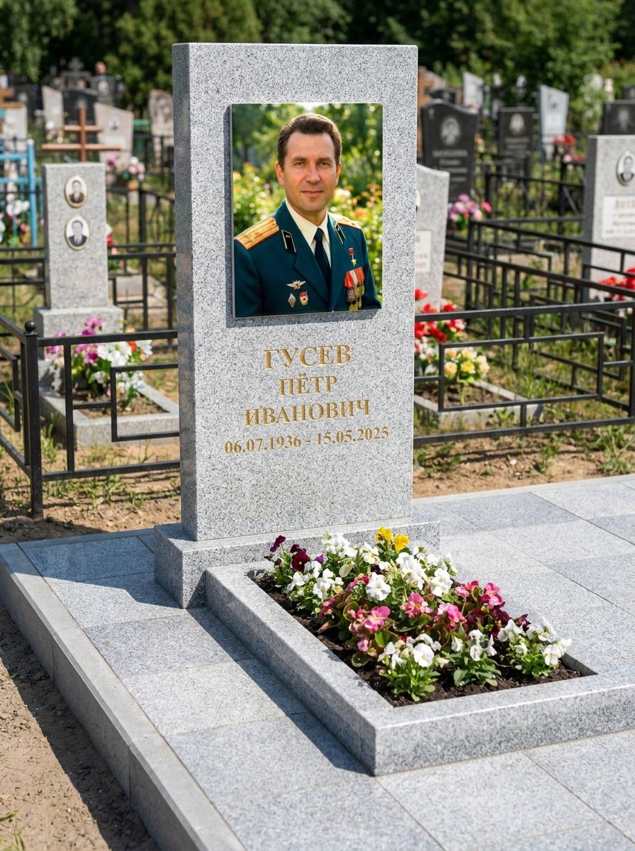 Портрет на памятнике в Перми — Прямоугольник на гранитной стеле, ФИО и даты на портрете